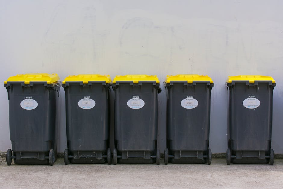 A row of five large wheeled rubbish bins lined up against a plain, light-colored wall with a smooth surface, possibly painted concrete or plaster. Each bin is made of durable black plastic with a textured surface, equipped with small black wheels at the base for mobility, and features a bright yellow lid with a ribbed finish, contrasting with the dark body. The bins are positioned on a flat, gray paving surface, likely concrete, with slight dirt marks and wear visible around the wheels. White oval labels with printed text and barcode stickers are affixed to the front of each bin, indicating ownership or identification codes. The scene appears to be in an outdoor or semi-outdoor setting, possibly a service alley or disposal area used by Waste Collection Bayswater for daily waste management tasks or private rubbish removal services, supporting local waste disposal needs outside regular council collections.